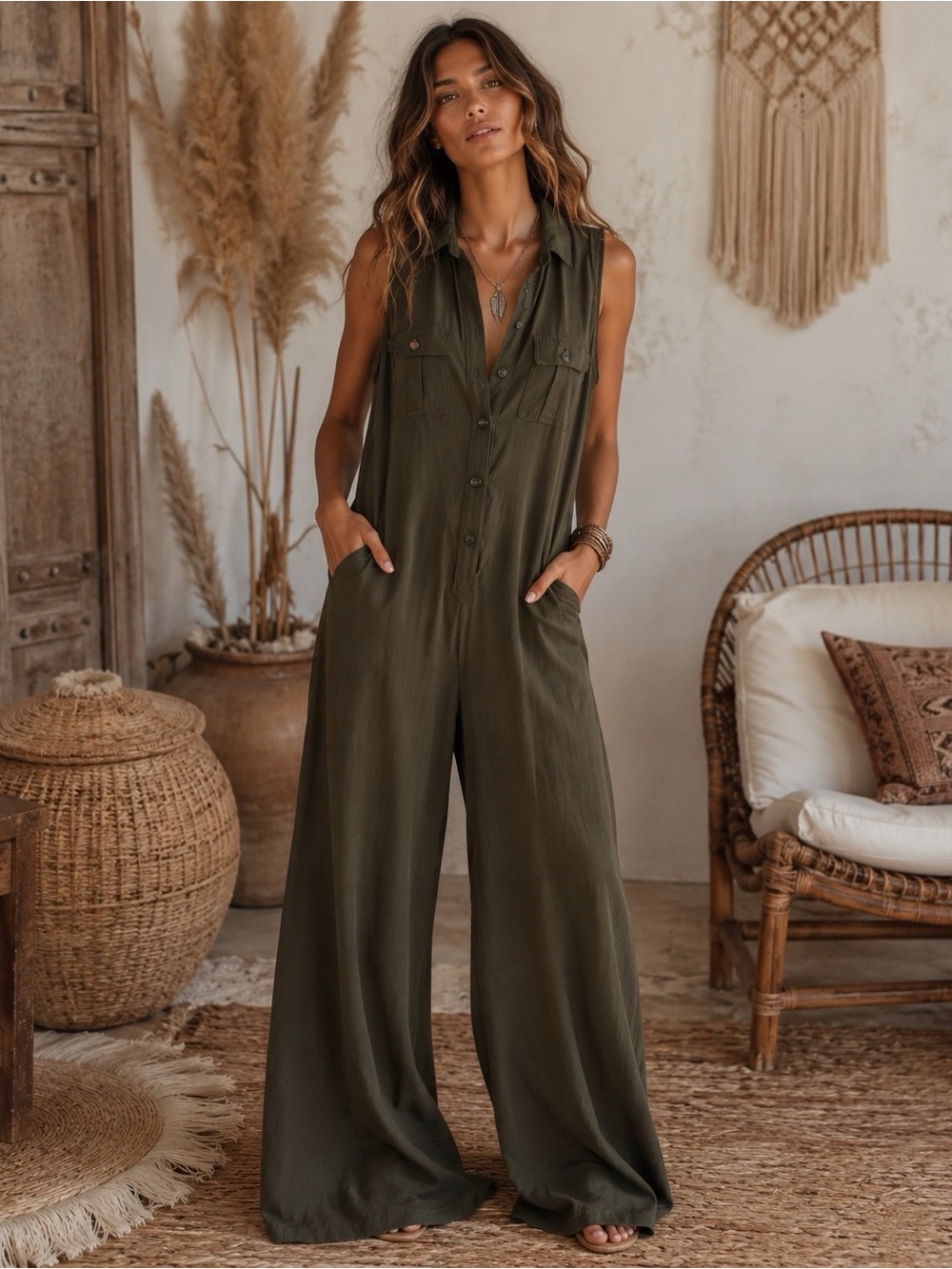 Vici Olive Boho Wide Leg Pocketed Jumpsuit